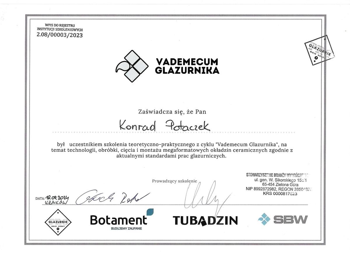 Certyfikat szkolenia Vademecum Glazurnika z montażu okładzin ceramicznych